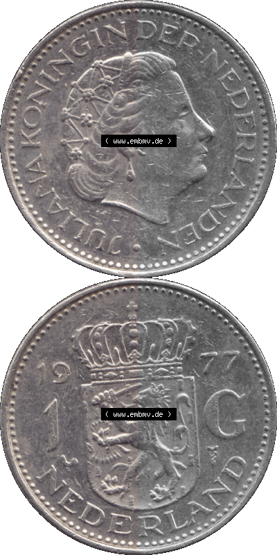 Alte Münze Niederlande in Farbe 1967-1980, 1 Gulden Königin Juliana 1977, niederländisch Nederland Sammlung
