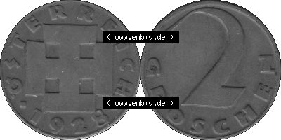2 / Zwei Groschen Österreich in s/w Schwarzweiß bzw. Graustufen Farbgebung von Scanner transparenten PNG 1925-1938, 2 Zwei Groschen,... Sammlung