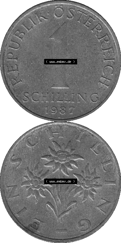 Österreich 1 / Ein Schilling 1959-2001, 1 Schilling 1987 (Stück 1), Edelweiß Graustufen Sammlung