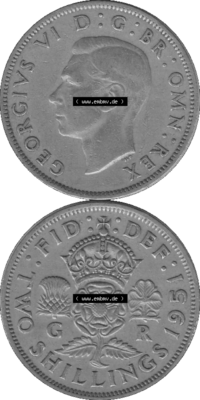 Alte Münze Großbritannien, Bild in s/w bzw. Graustufen PNG-Grafik, Umlaufmünze aus dem Zeitraum 1949-1951, 2 Schilling-Florin,... Sammlung