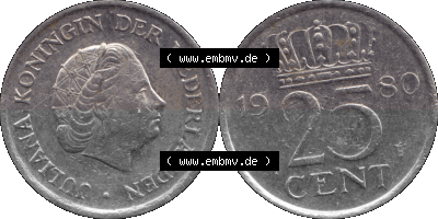 Alte Münze Niederlande in Farbe 1950-1980, 25 Cent Königin Juliana 1980, Fünfundzwanzig Cent Sammlung
