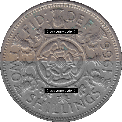 Alte Münze Großbritannien, Bild in Farbe bzw. Color PNG-Grafik, Umlaufmünze aus dem Zeitraum 1954-1970, 2 Schilling-Florin,... Sammlung