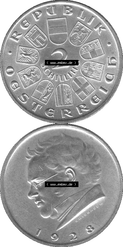 Österreich 1928-1928, 2 Schilling 1928 (Stück 1), Silbermünze Franz Schubert Graustufen Sammlung