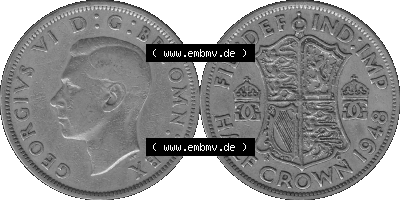 Alte Münze Großbritannien, Bild in s/w bzw. Graustufen PNG-Grafik 1947-1948, Halbe - 1/2 Krone, Half Crown 1948 (Stück 2) ,... Sammlung