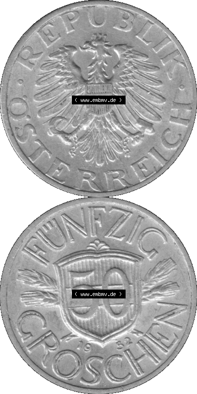 Alte Münze aus Österreich als PNG-Grafik 1946-1955, 50 Groschen 1952 (Stück 1) Graustufen Sammlung