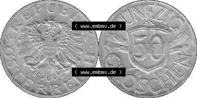 Alte Münze aus Österreich als PNG-Grafik 1946-1955, 50 Groschen 1955 (Stück 1) Graustufen Sammlung