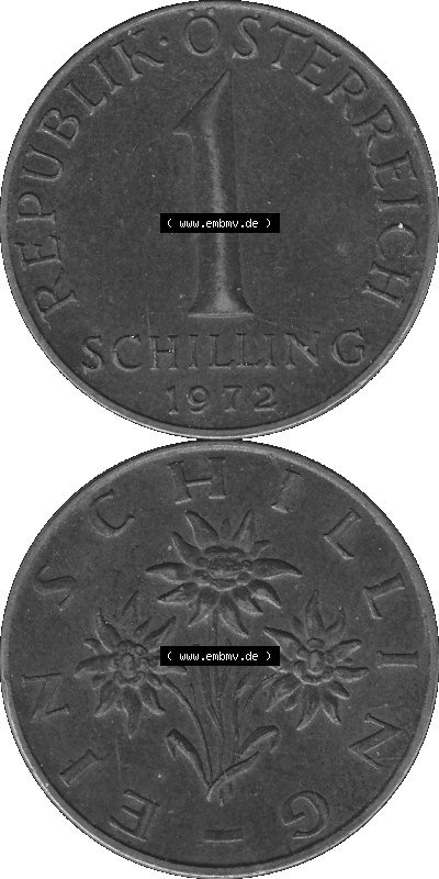 Österreich 1 / Ein Schilling in Graustufen 1959-2001, 1 Schilling 1972 (Stück 1), Ein Shilling Edelweiß Graustufen Sammlung