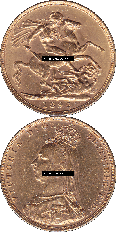 Alte Goldmünze Großbritannien 1887-1892, 1 Pfund Sovereign 1892 (Stück 1) Sammlung