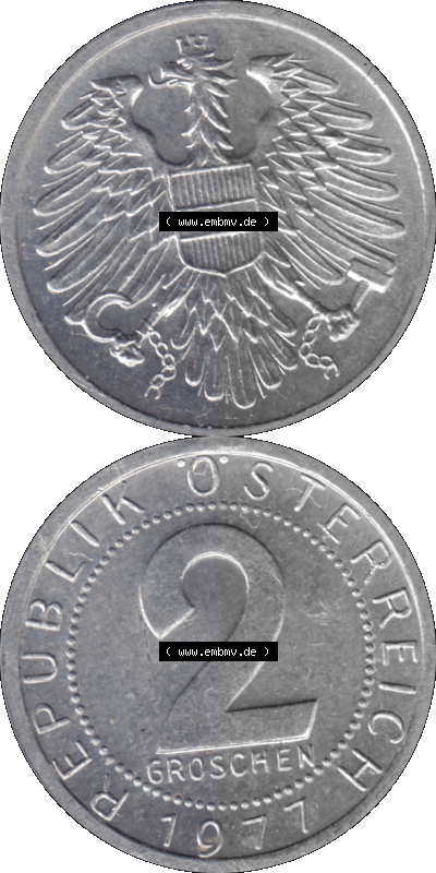Alte Münze aus Österreich als PNG-Grafik 1950-1994, 2 Groschen 1977 Sammlung