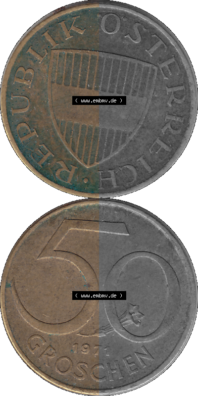 50 / Fünfzig Groschen Österreich in original Farbgebung von Scanner transparenten PNG 1959-2001, 50 Groschen 1971 (Stück 1),... Sammlung