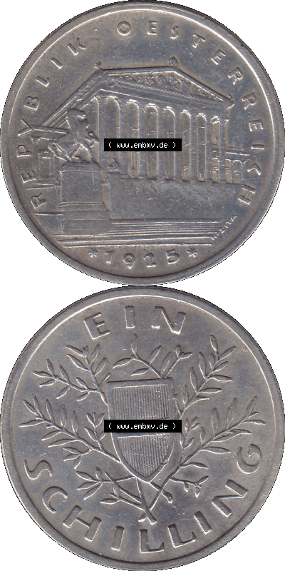 Österreich Ein - 1 Schilling 1925-1932, 1 Schilling 1925 (Stück 1) Silbermünze Parlamentsgebäude in Wien, Bindenschild 6 Gramm... Sammlung