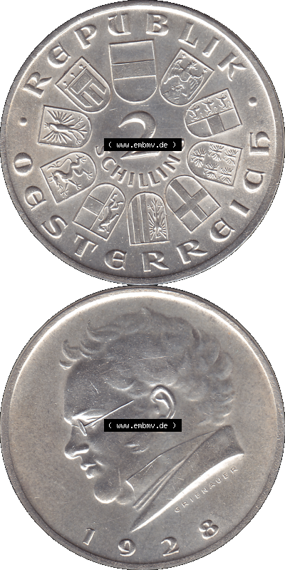 Österreich 1928-1928, 2 Schilling 1928 (Stück 1), Silbermünze Franz Schubert Sammlung