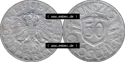 Alte Münze aus Österreich als PNG-Grafik 1946-1955, 50 Groschen 1955 (Stück 1) Sammlung