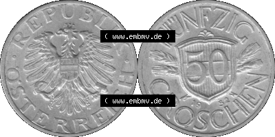 Alte Münze aus Österreich als PNG-Grafik 1946-1955, 50 Groschen 1952 (Stück 1) Graustufen Sammlung