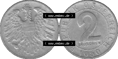 Alte Münze aus Österreich als PNG-Grafik 1950-1994, 2 Groschen 1950 (Stück 1) Graustufen Sammlung