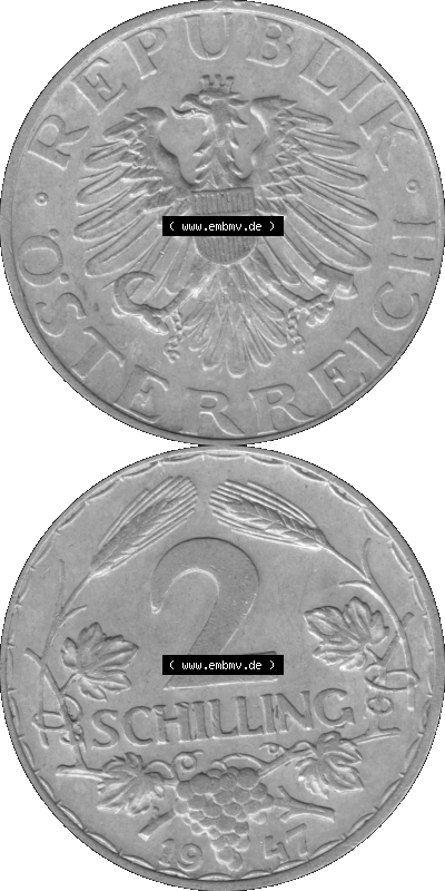 Alte Münze aus Österreich als PNG-Grafik 1946-1952, 2 Schilling 1947 (Stück 1) Graustufen Sammlung