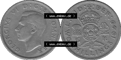 Alte Münze Großbritannien, Bild in s/w bzw. Graustufen PNG-Grafik, Umlaufmünze aus dem Zeitraum 1949-1951, 2 Schilling-Florin,... Sammlung