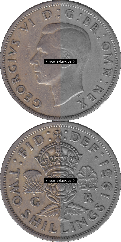 Alte Münze Großbritannien, Bild in Farbe bzw. Color PNG-Grafik, Umlaufmünze aus dem Zeitraum 1949-1951, 2 Schilling-Florin,... Sammlung
