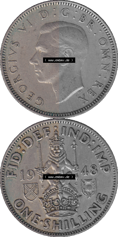 Alte Münze Großbritannien, Bild in Farbe bzw. Color PNG-Grafik 1947-1948, 1 One Schilling - One Shilling, 1948 (Stück 3) Sitzender... Sammlung