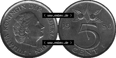 Alte Münze Niederlande in Grau 1950-1980, 5 Cent Königin Juliana 1980 (Stück 2) Graustufen, Nederland Sammlung