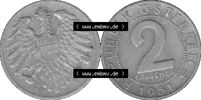 Alte Münze aus Österreich als PNG-Grafik 1950-1994, 2 Groschen 1951 (Stück 1) Graustufen Sammlung
