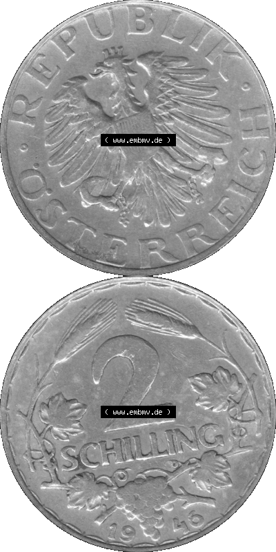Alte Münze aus Österreich als PNG-Grafik 1946-1952, 2 Schilling 1946 (Stück 1) Graustufen Sammlung