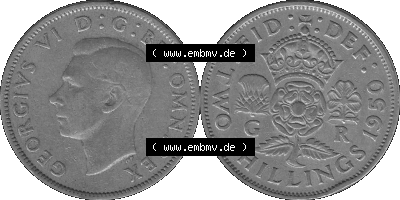 Alte Münze Großbritannien, Bild in s/w bzw. Graustufen PNG-Grafik, Umlaufmünze aus dem Zeitraum 1949-1951, 2 Schilling-Florin,... Sammlung