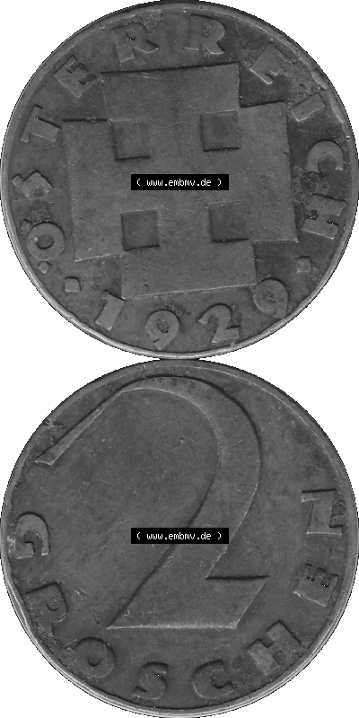 2 / Zwei Groschen Österreich in s/w Schwarzweiß bzw. Graustufen Farbgebung von Scanner transparenten PNG 1925-1938, 2 Zwei Groschen,... Sammlung