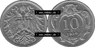 Alte Münze aus Kaiserreich Österreich als PNG-Grafik 1892-1911, 10 Heller 1910 (Stück 1) Graustufen Sammlung