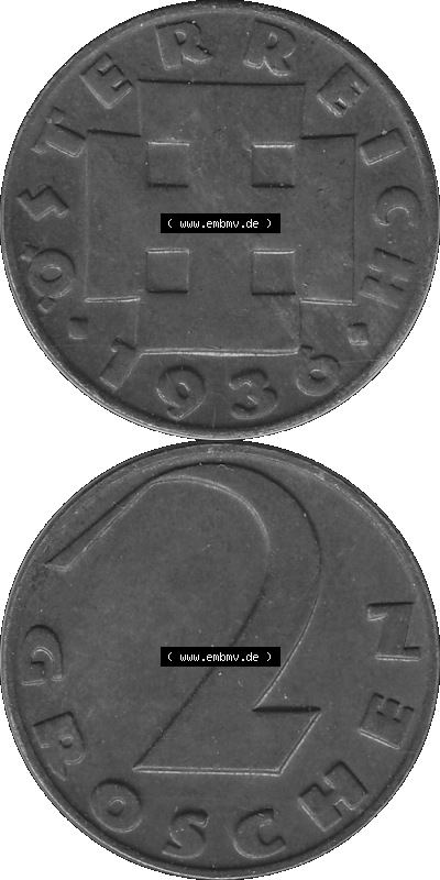 2 / Zwei Groschen Österreich in s/w Schwarzweiß bzw. Graustufen Farbgebung von Scanner transparenten PNG 1925-1938, 2 Zwei Groschen,... Sammlung