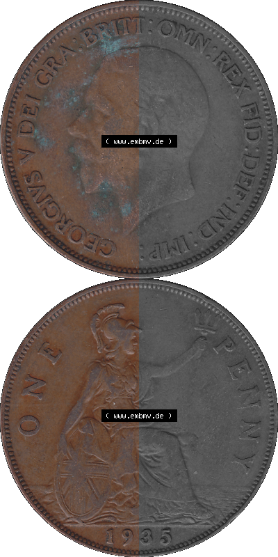 Großbritannien Umlaufmünze One Penny, 1 Pence 1928-1936, 1 One Penny, 1935 (Stück 1), George V. BM GEORGIVS V DEI GRABRITTOMNREX... Sammlung