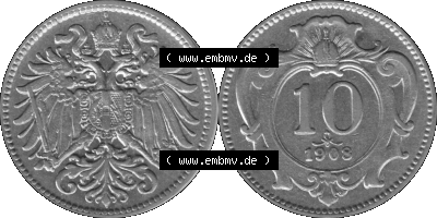 Alte Münze aus Kaiserreich Österreich als PNG-Grafik 1892-1911, 10 Heller 1908 (Stück 1) Graustufen Sammlung