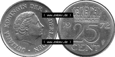 Alte Münze Niederlande in Grau 1950-1980, 25 Cent Königin Juliana 1972 (Stück 1) Graustufen, Fünfundzwanzig Cent Sammlung
