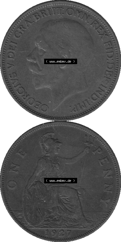 Großbritannien Umlaufmünze One Penny, 1 Pence 1927-1927, 1 One Penny, 1927 (Stück 1), George V, BM GEORGIVS V DEI GRABRITTOMNREX... Sammlung
