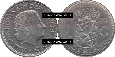 Alte Münze Niederlande in Farbe 1967-1980, 1 Gulden Königin Juliana 1970, niederländisch Nederland Sammlung