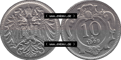 Alte Münze aus Kaiserreich Österreich als PNG-Grafik 1892-1911, 10 Heller 1909 (Stück 1) Sammlung