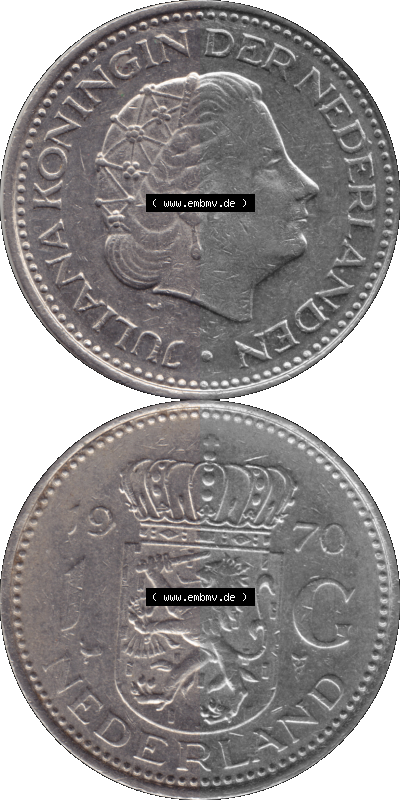 Alte Münze Niederlande in Farbe 1967-1980, 1 Gulden Königin Juliana 1970, niederländisch Nederland Sammlung