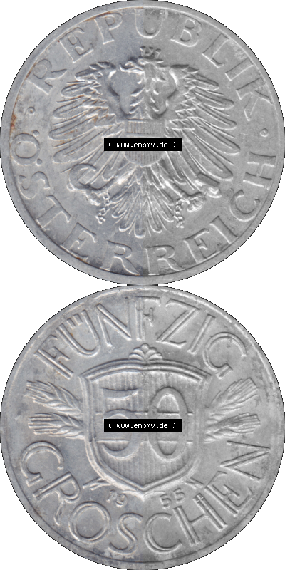 Alte Münze aus Österreich als PNG-Grafik 1946-1955, 50 Groschen 1955 (Stück 1) Sammlung
