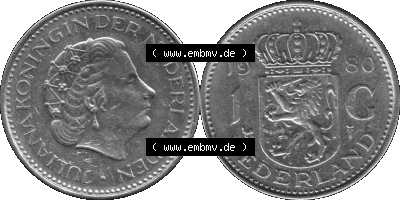 Alte Münze Niederlande in Grau 1967-1980, 1 Gulden Königin Juliana 1980, niederländisch Nederland Sammlung