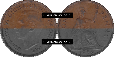 Großbritannien Umlaufmünze 1937-1948, 1 One Penny 1939 (Stück 1), George VI, GEORGIVS VI DGBROMNREX FDINDIMP. HP Sammlung