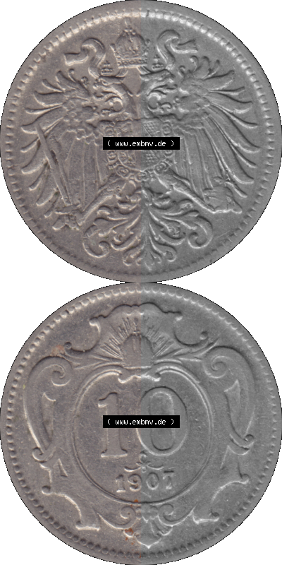 Alte Münze aus Kaiserreich Österreich als PNG-Grafik 1892-1911, 10 Heller 1907 (Stück 1) Sammlung