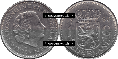 Alte Münze Niederlande in Farbe 1967-1980, 1 Gulden Königin Juliana 1980, niederländisch Nederland Sammlung