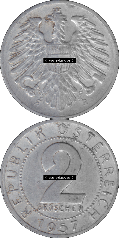 Alte Münze aus Österreich als PNG-Grafik 1950-1994, 2 Groschen 1957 Sammlung