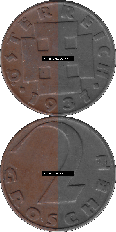 2 / Zwei Groschen Österreich in original Farbgebung von Scanner transparenten PNG 1925-1938, 2 Zwei Groschen, Krückenkreuz 1937... Sammlung