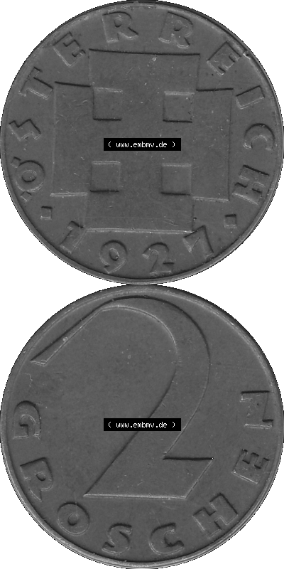 2 / Zwei Groschen Österreich in s/w Schwarzweiß bzw. Graustufen Farbgebung von Scanner transparenten PNG 1925-1938, 2 Zwei Groschen,... Sammlung