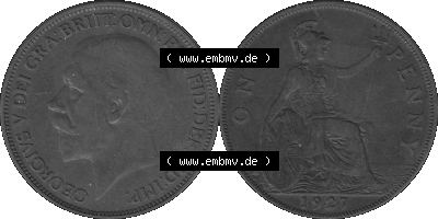 Großbritannien Umlaufmünze One Penny, 1 Pence 1927-1927, 1 One Penny, 1927 (Stück 1), George V, BM GEORGIVS V DEI GRABRITTOMNREX... Sammlung