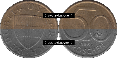 50 / Fünfzig Groschen Österreich in original Farbgebung von Scanner transparenten PNG 1959-2001, 50 Groschen 1969 (Stück 1),... Sammlung
