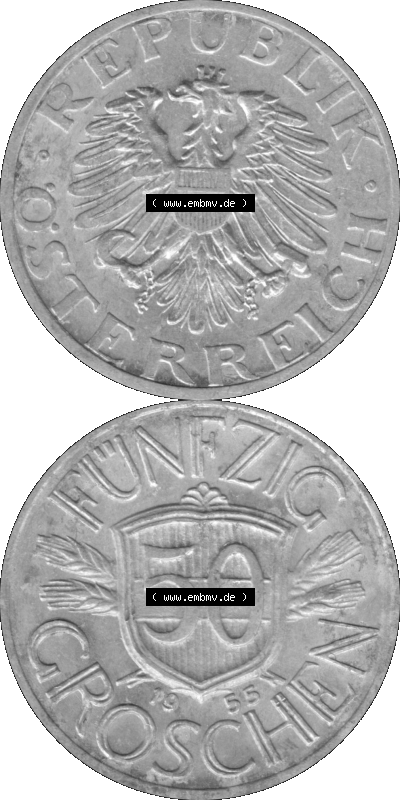 Alte Münze aus Österreich als PNG-Grafik 1946-1955, 50 Groschen 1955 (Stück 1) Graustufen Sammlung