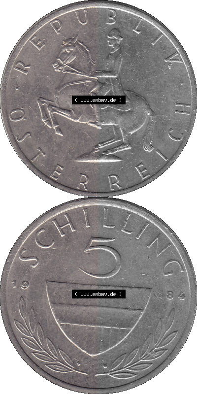 5 / Fünf Schilling Österreich in original Farbgebung von Scanner transparenten PNG 1968-2001, 5 Schilling 1984 (Stück 1), Reiter... Sammlung