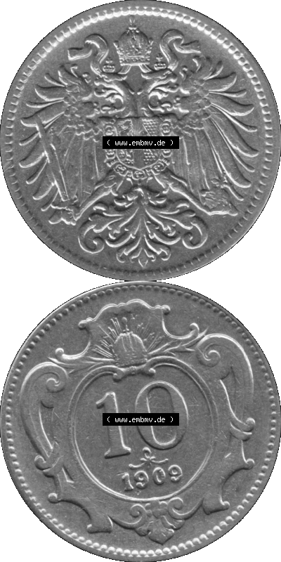 Alte Münze aus Kaiserreich Österreich als PNG-Grafik 1892-1911, 10 Heller 1909 (Stück 1) Graustufen Sammlung